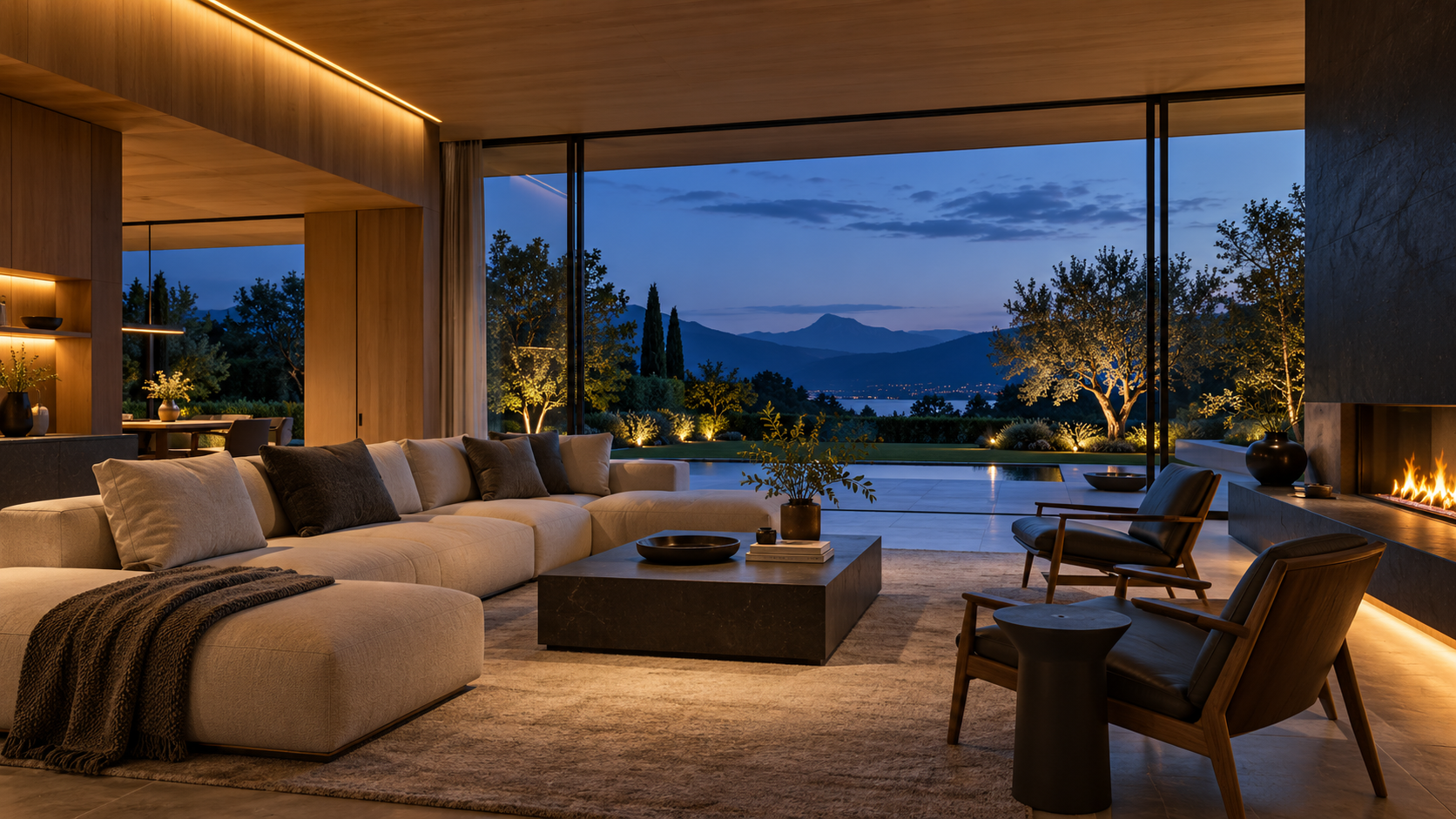 Modernes Wohnzimmer mit warmer Beleuchtung und Blick in den Garten